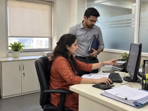 Illustrative work scene of two professionals reviewing records at a computer